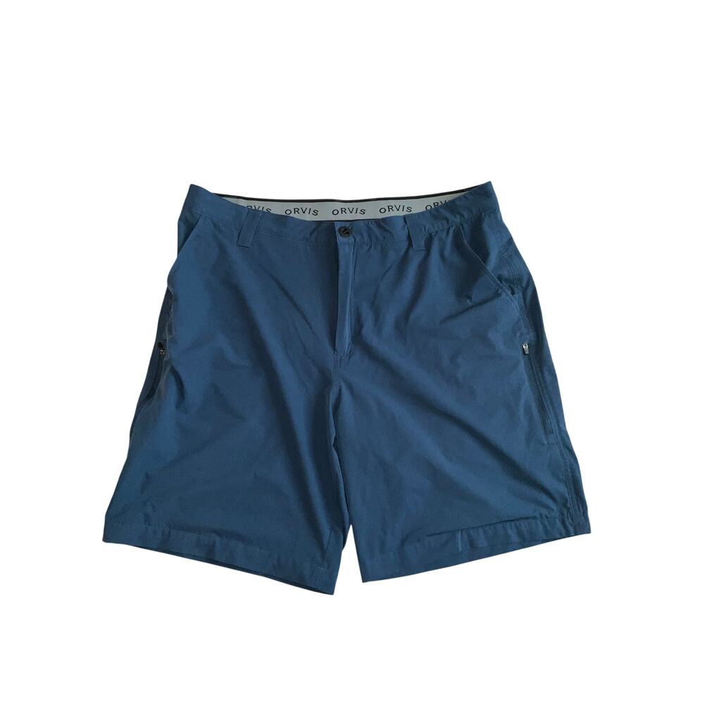 Orvis 4 Way Stretch Tech Blue Zipper Pocket Hybrid Shorts Size 38